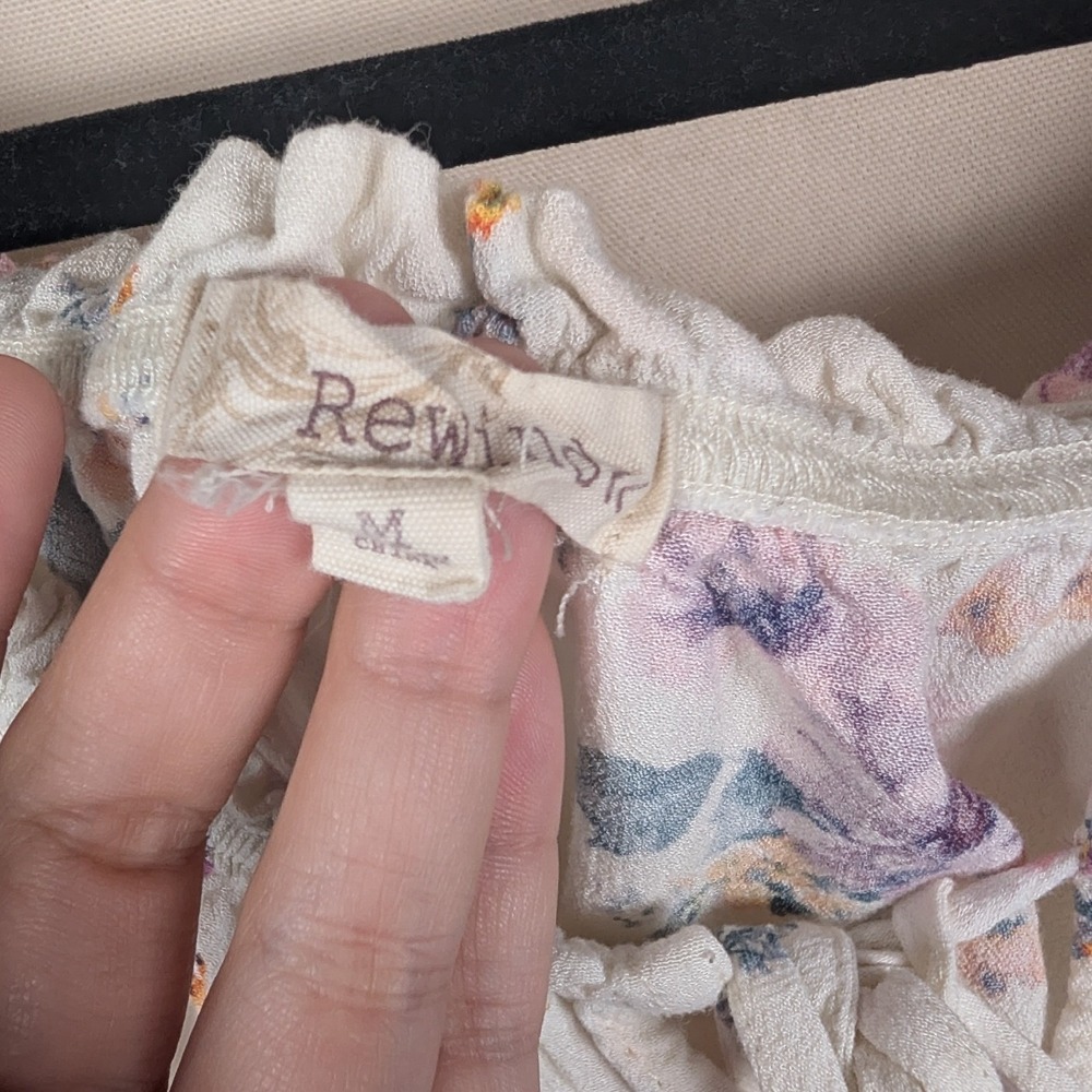 Rewind Floral Long Sleeve Peasant Top Cream Purple Tie Front Blouse Medium - Picture 3 of 10